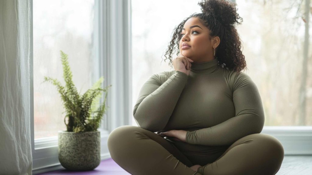 Woman doing yoga or stretching, but getting distracted. Handling stress over the holidays is possible with help from a skilled New Jersey therapist.